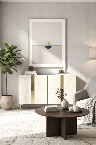 CENEYRA KA1298BTG ANKA Konsol ve Tv Sehpası Beyaz-Traverten-Gold 120cm
