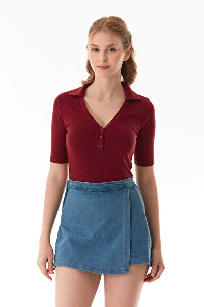 Fulla Moda Basic Polo Yaka Çıtçıtlı Likralı Modal Body