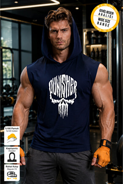 BESSA Men's Punisher Printed Navy Blue Oversize Crew Neck Cotton Hooded Sleev...
