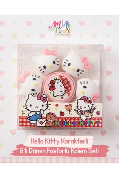 Mini Funny Hello Kitty Karakterli Dönen Fosforlu Kalem Seti 6'lı, Çocuk Hediye
