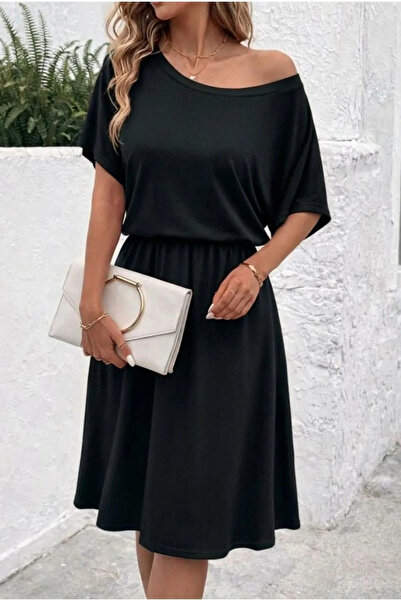 Generic Brand Γυναικείο κοντομάνικο φόρεμα μίντι βισκόζης με ανοιχτούς ώμους