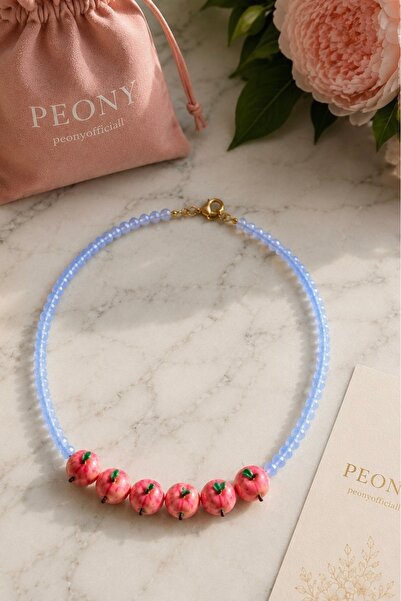 PEONY peonyofficiall Elma Kolye Mavi Kristal Çelik Kolye Meyve Kolye