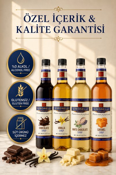 Simonelli Karamel, Vanilya, Çikolata ve Beyaz Çikolata Kahve Şurubu 700 ml 4'lü Set - İçecek ve Kokteyl Şurubu (4 Adet Pompa Hediyeli)
