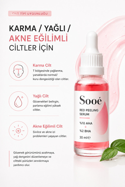 Sooê Kırmızı AHA BHA Peeling Serum 30 ml %10 AHA + %2 BHA, Glikolik Asit & Salisilik Asit, Leke Gözenek Akne İzi Karşıtı Yüz Serumu