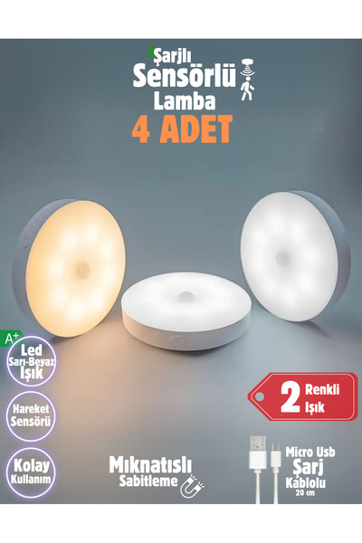 Folveit 4 Adet 2 Renkli Hareket Sensörlü Usb Şarj Edilebilir Led Işık Dolap I...