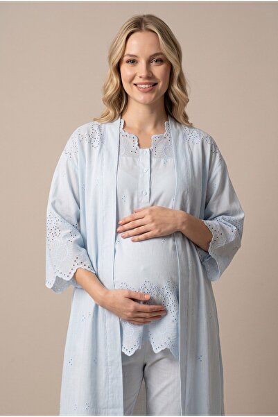 Pelin Kadın Mavi Keten Fistolu Yeni Sezon Sabahlıklı Lohusa Hamile Pijama Tak...