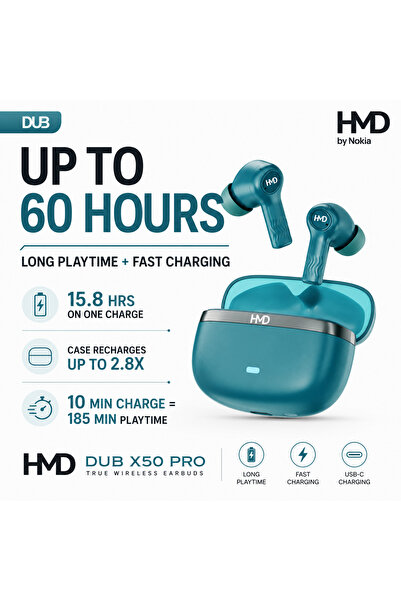 Hmd DUB X50 Pro True Wireless Earbuds, Bluetooth, 10mm Drivers, Hi-Fi DSP, AN...