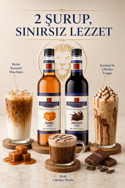 Simonelli Karamel ve Çikolata Aromalı Kahve Şurubu 700 ml 2'li Set - İçecek ve Kokteyl Şurubu (2 Adet Pompa Dahil)