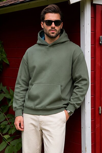 Madmext Khaki Hooded Kangaroo Pocket Men's Sweatshirt E7169