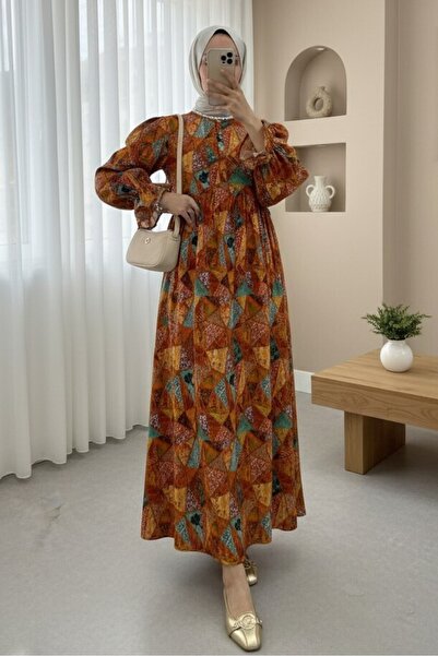 Modamorfo Half-Buttoned, Lace-Up Waist Patterned Dress -Orange