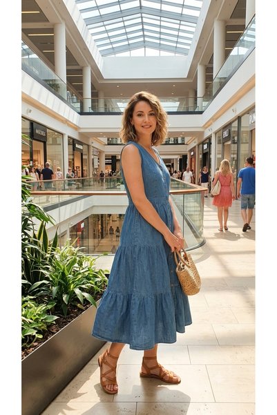 hisarpretty Women's Blue Front Buttoned Layered Sleeveless Denim Dress with Pockets and Drawstring Long Denim Dress