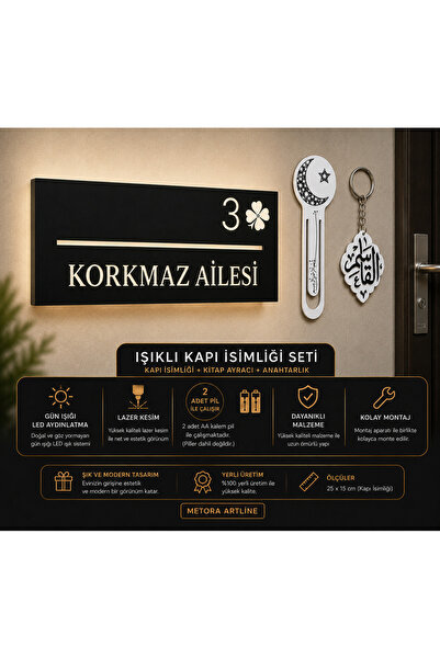metora LED'li siyah Kapı İsimliği – Kişiye Özel |4 mm MDF Yoncalı Tasarım