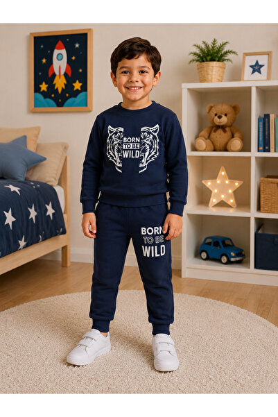 SERPİL Erkek Çocuk 3'lü Takım Kaplan Baskılı Sweatshirt Eşofman Altı Siyah Pe...