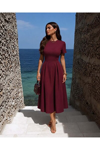 Modafeminen Burgundy Mock Neck Short Sleeve Flared Evening Dress 58554
