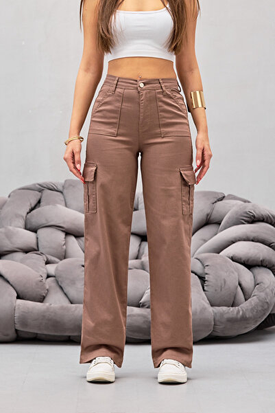 BİKELİFE Mink Cargo Pocket Lycra High Waist Wide Leg Trousers