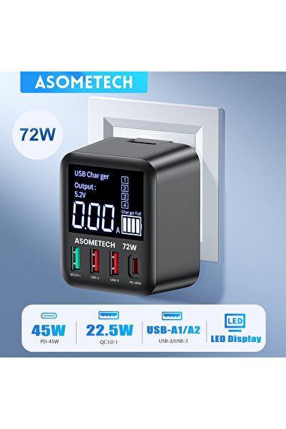 Choice شاحن USB GaN ASOMETECH 72W بمقبس الاتحاد الأوروبي و4 منافذ وشاشة LED و...