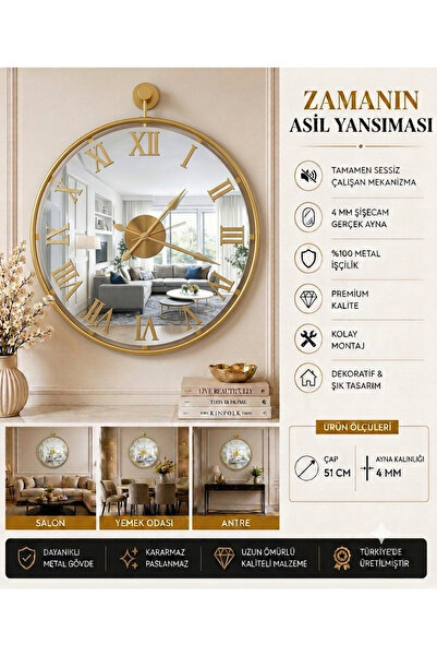 Mgs DUVAR SAATİ WOODY GOLD AYNALI ROMA RAKAMLI DUVAR SATİ