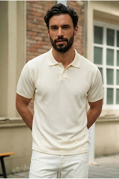 DAMGA JEANS Men's Polo Neck Textured Cream Knitwear Short Sleeve T-Shirt