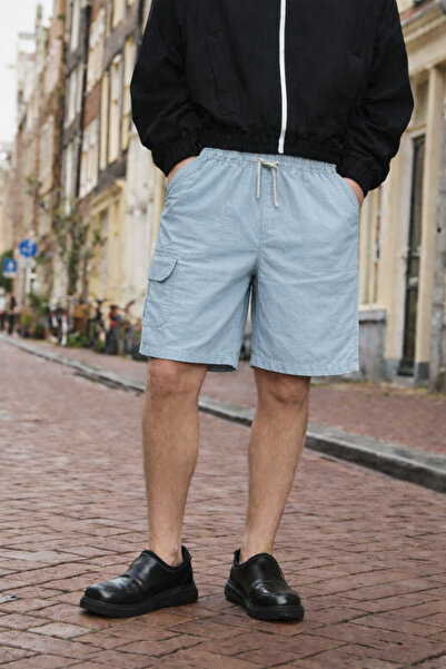 DAMGA JEANS Men's Premium Jogger Relax Cargo Pocket A.Blue Linen Shorts