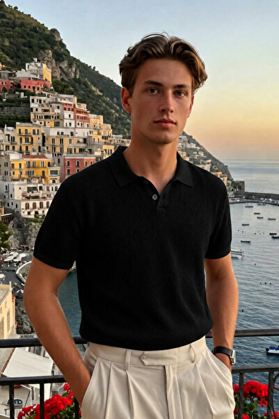 DAMGA JEANS تي شيرت رجالي صيفي من القطن ذو قماش فضفاض وياقة بولو باللون الأسود