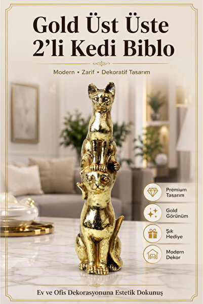 e-life shop Gold Üst Üste 2'li Kedi Biblo Dekoratif Heykel Salon Konsol Vitri...