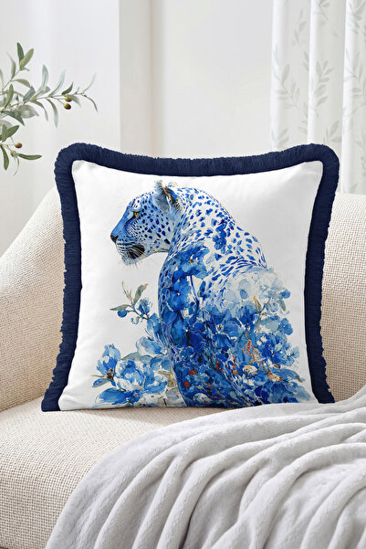 Realhomes Blue Leopard and Floral Motif Watercolor Patterned Fringed Throw Pi...