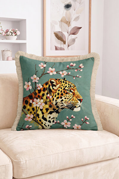 Realhomes Green Floor Fringed Throw Pillow Cover with Leopard Figure and Pink...
