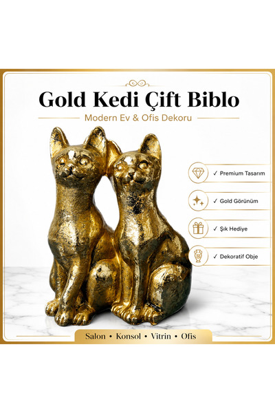 e-life shop Gold Kedi Çift Biblo Dekoratif Heykel Ev Ofis Konsol Vitrin Masa ...