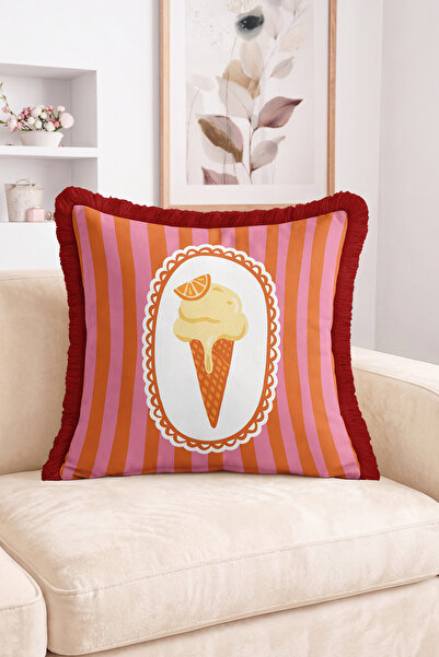 Realhomes Ice Cream Cone and Striped Pattern Fringe Throw Pillow Cover - Retr...