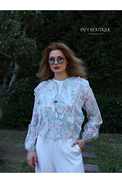 Orfeo Negro Green Floral Patterned Ruffled Tassel Blouse
