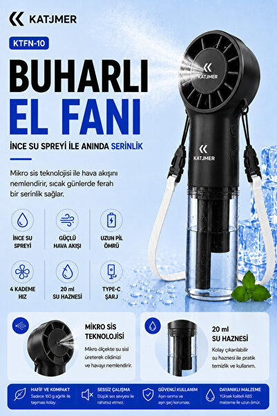 KATJMER KTFN-10 Şarjlı Buhar Destekli El Fanı Mini Nemlendiricili Kişisel Ser...