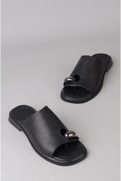 SEÇ KUNDURA Seç 4099 Genuine Leather Women's Flip Flops (Heel Height: 2cm) Black