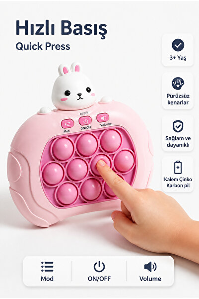 BBSKY Hızlı Basmalı Pop Game Tavşan Işıklı Sesli Pilli Pop It Toy Eğitici El ...