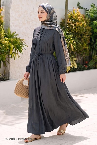 InStyle Nervürlü Düğmeli Antrasit Elbise