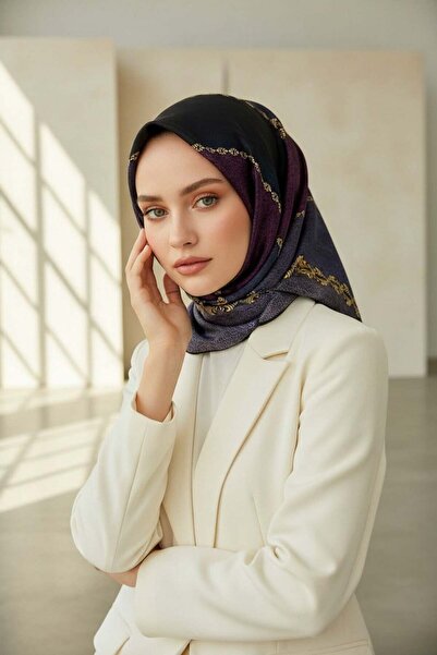 Vissona %100 Twill İpek Geometrik Desenli İndigo - Mürdüm Renkli 90x90 Eşarp ...