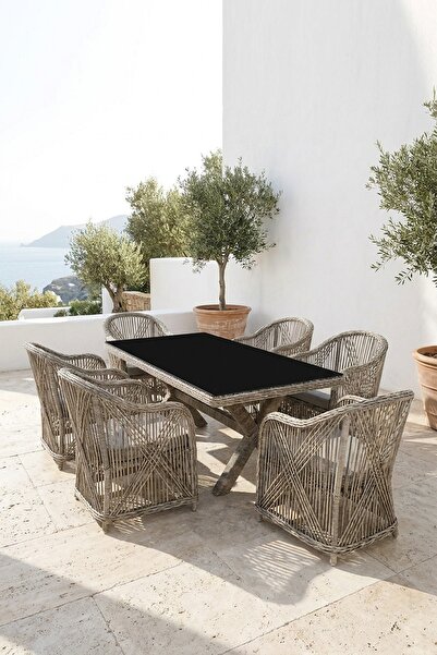 huteras Bahçe Masa Takımı Rattan 6 Kişilik Cappuccino Rimini El Örgü Siyah Ca...