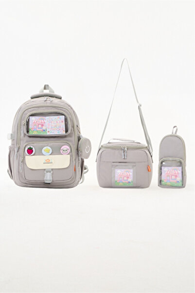 Roxbros Kawaii 3-Piece Primary School School Bag Set Gray Girls' Lunch Box an...