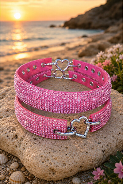 PEMBE ELMAS, PIRLANTA GÖRÜNÜM, KRİSTAL TAŞLI KÖPEK TASMA, EL YAPIMI TASMA, PARLAK TAŞLI TASMA KOLYE