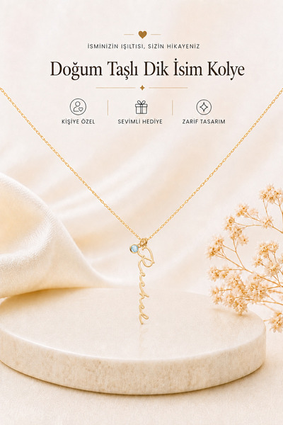 emirOmade 925 Ayar Gümüş Kişiye Özel Doğum Taşlı Dik İsimli Kolye Gold Rengi ...