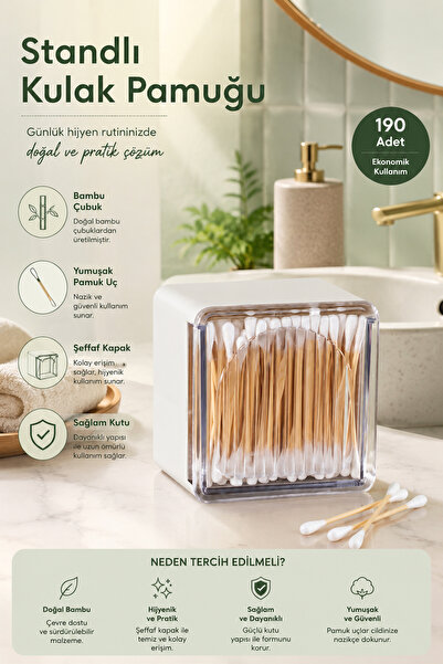 Porsima 3134 Doğal Ahşap Bambu Saplı Standlı Kulak Temizleme Çubuğu Seti- 190...