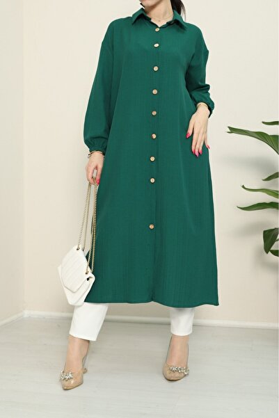 Modamorfo Long Crinkle Tunic with Elastic Sleeves and Buttons - Emerald Green