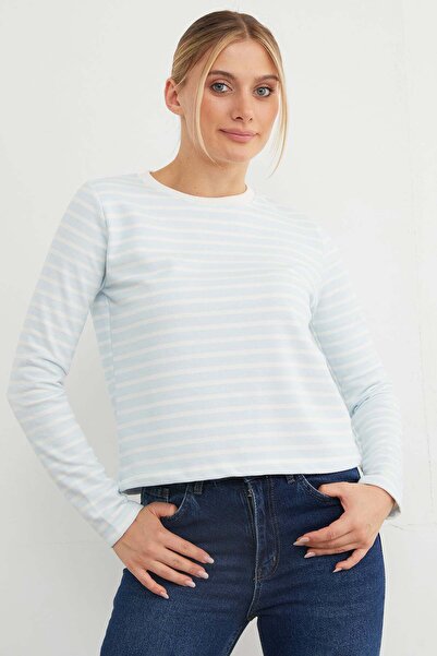 Fulla Moda 3 İplik Şardonsuz Çizgili Bisiklet Yaka Sweatshirt