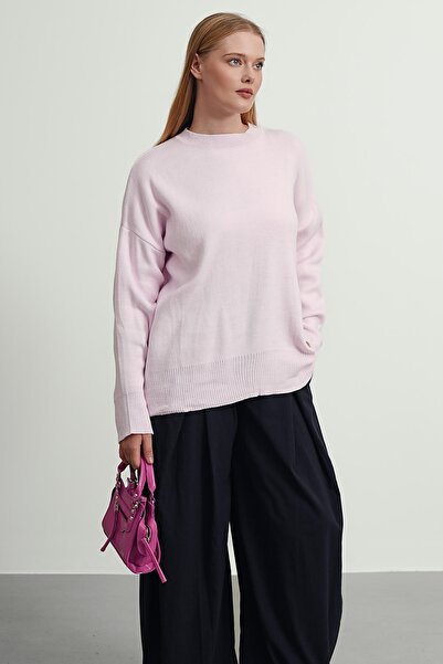 Gülce moda Pulover de tricotaj oversize cu gât rotund roz