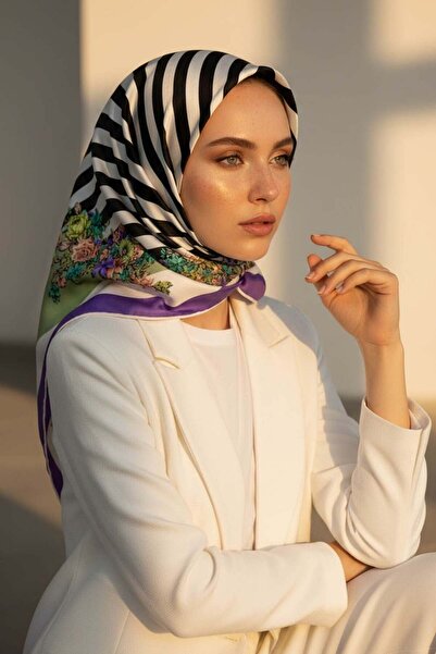 Vissona %100 Twill İpek Çıtır Çiçekli Ve Çizgi Desenli Mor - Haki Renkli 90x9...
