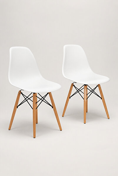 Seduna Beyaz Eames Sandalye Natural Ahşap Ayaklı | 2 Adet