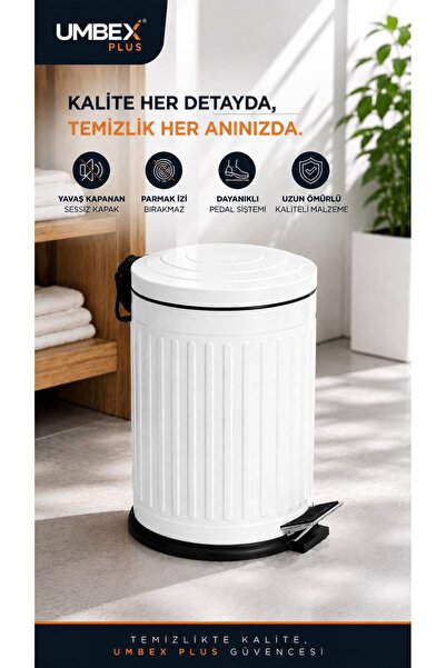 UMBEX PLUS VİNTAGE 5 LT AMORTİSÖRLÜ BEYAZ RENK YAVAŞ KAPANIR ÇÖP KOVASI BANYO...