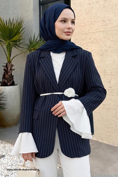 InStyle Çizgili Kolları Volanlı Lacivert Blazer Ceket