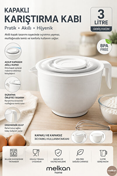 Melkan Home Kapaklı Karıştırma Kabı & Mikser Kase – 3 Litre, Sıçrama Önleyici...