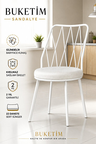 Buketim Mobilya (2li) Beyaz Yıldız Metal Tel Sandalye Mutfak Cafe Sandalyesi