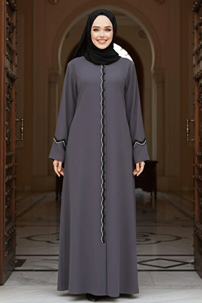 Neva Style Beaded Embroidered Smoked Hijab Abaya 61365Fu